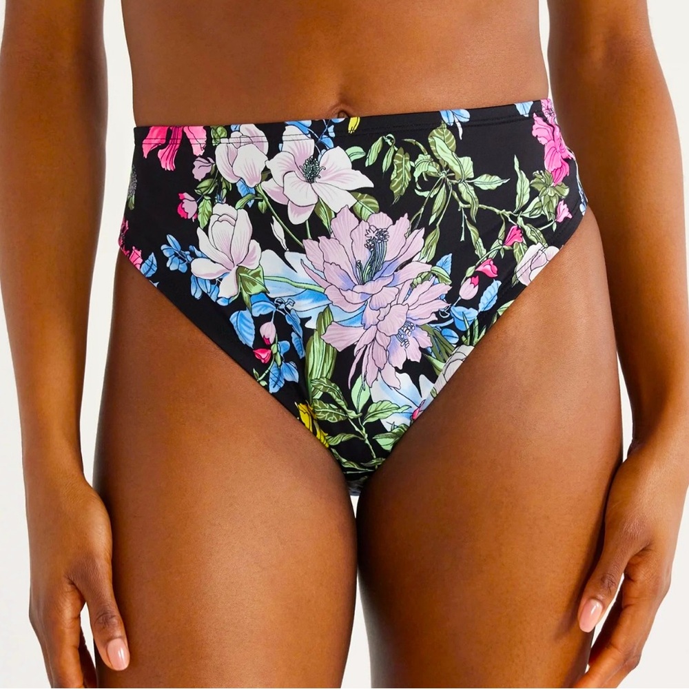 Time and Tru Hi-Leg Mid Rise Swim Bottoms Small Black/Floral NWT & Liner